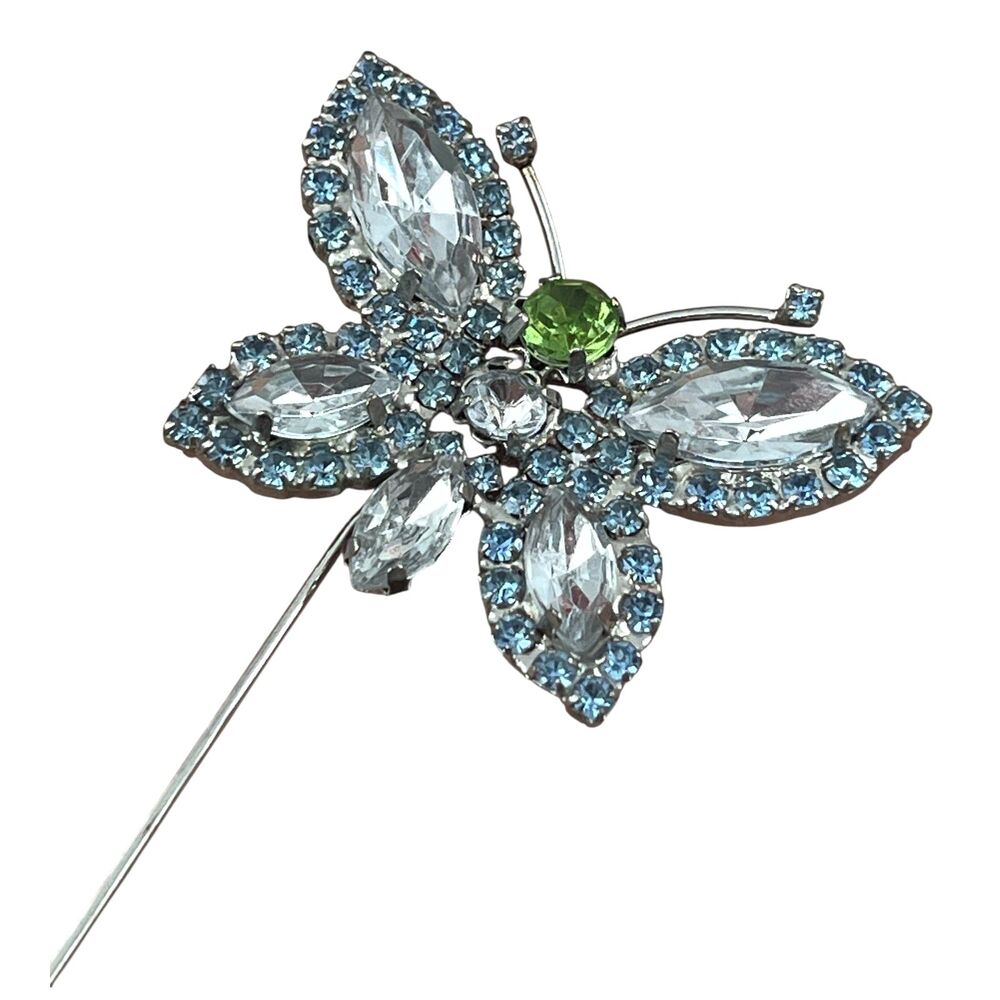 Vintage 1960s Rhinestone Butterfly Hatpin Blue Silver Tone Mid Century - 3P